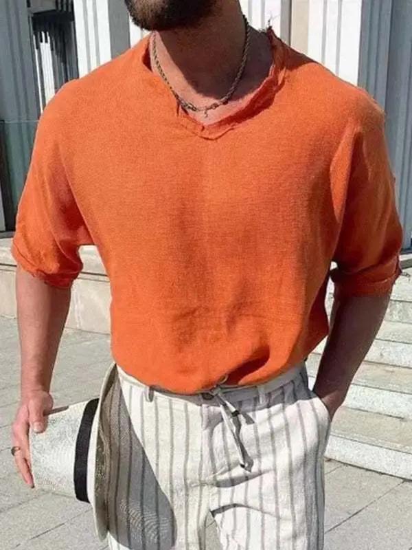 Stylish Men's Short Sleeve V-Neck Woven Top - Perfect for Every Occasion - MENLL